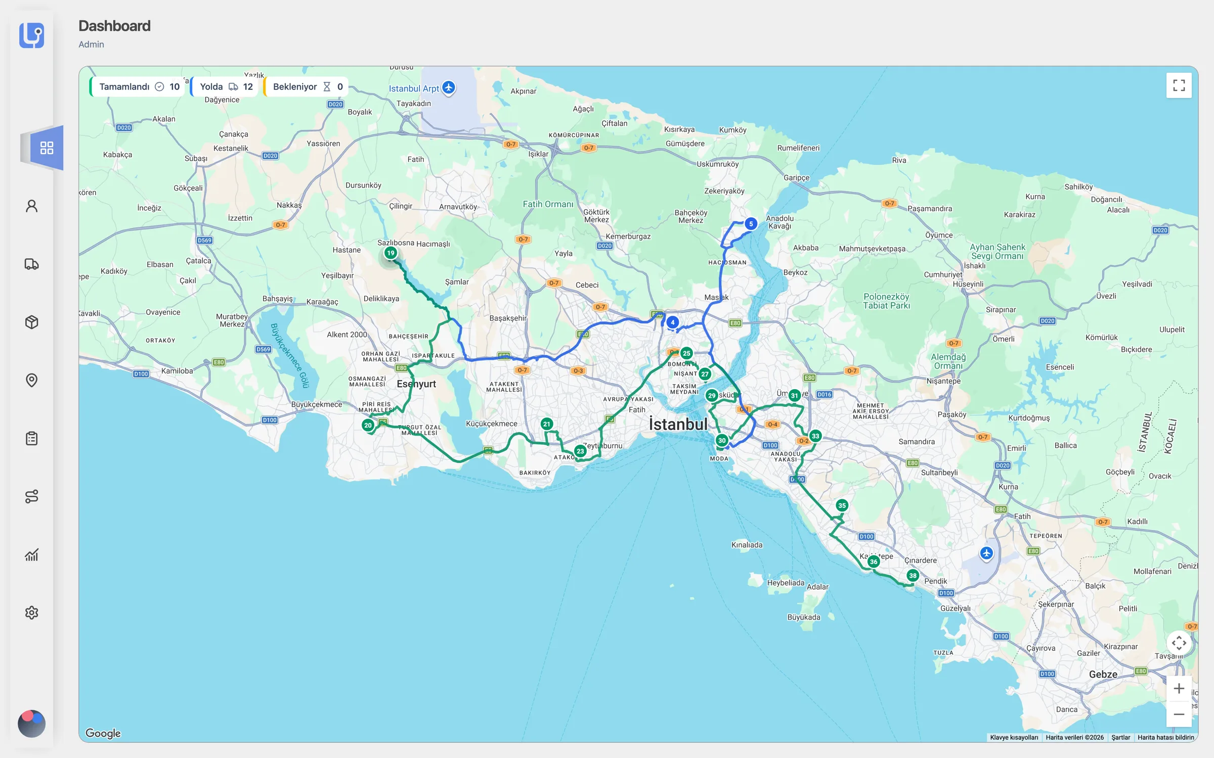 Lojion yönetim konsolunun ana ekranı: İstanbul haritası üzerinde iki aracın günlük rotası, sıralı durak işaretleri ve tamamlanan, yolda olan ve bekleyen teslimat sayıları.